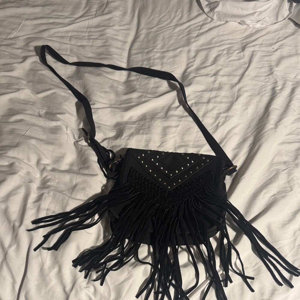 Deena & Ozzy Black Crossbody Bag with Fringe